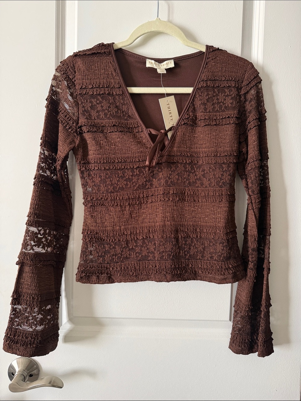 Chocolate Brown Lace-Panel Long Sleeve V-Neck Top